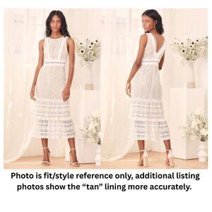 LULUS "Garden Soiree" Lace Overlay Sleeveless Tiered Midi Sheath, Ivory - M